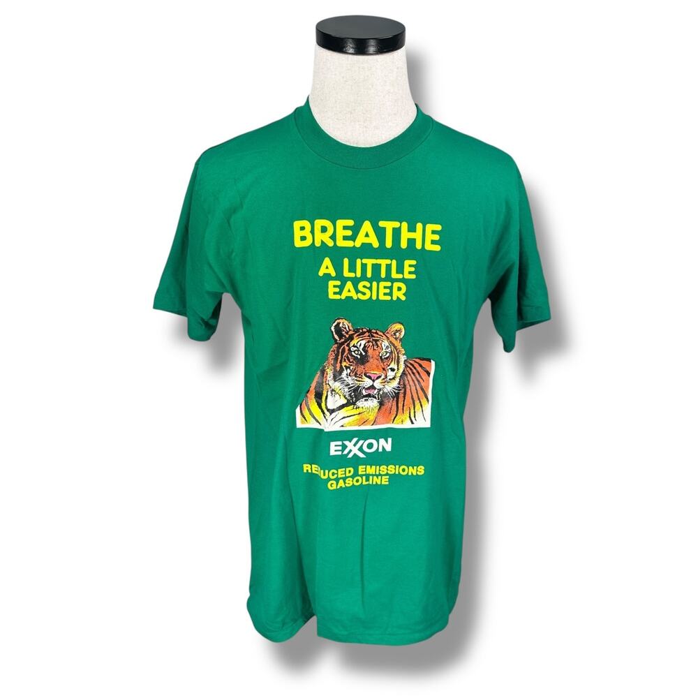 Vintage Exxon Tiger Breath A Little Easier T-Shirt Men Large Green Gas 90s USA